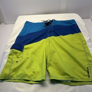 Oneill Swim Trunks Board Shorts Blue Green Drawstring Hook & Latch Pocket Men 33
